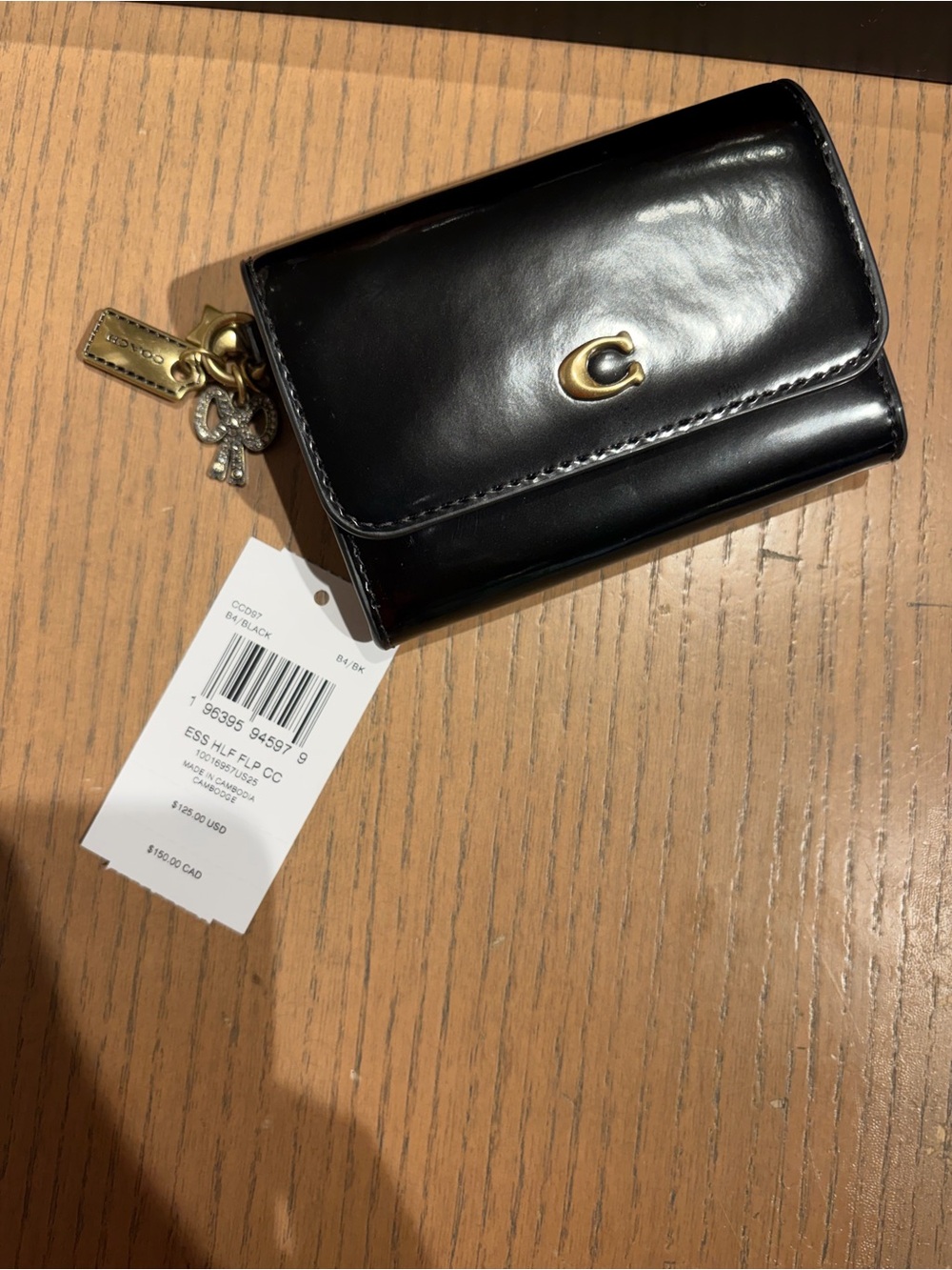 Coach Black Glossy Leather Mini Wallet with Gold Hardware and Zipper new